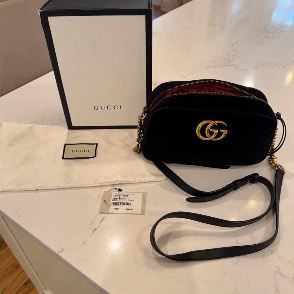 Gucci Black Velvet GG Marmont Camera Crossbody with Gold Hardware